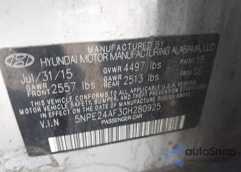 2016 Hyundai Sonata Se from USA, damaged, VIN 5NPE24AF3GH280925